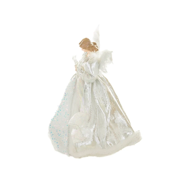 Silver and White Polyester Warm White LED Angel Tree Topper In Snowflake Dress
