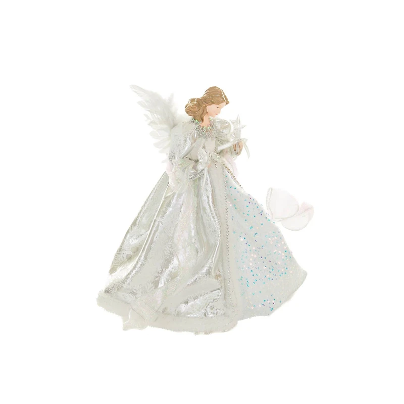 Silver and White Polyester Warm White LED Angel Tree Topper In Snowflake Dress