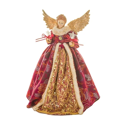 Floral Burgundy and Gold Cotton Monarchical Warm White LED Angel Tree Topper