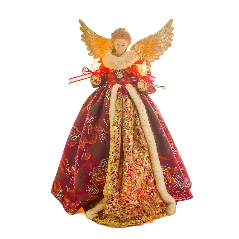 Floral Burgundy and Gold Cotton Monarchical Warm White LED Angel Tree Topper