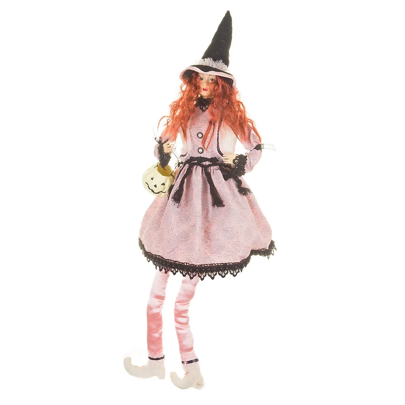 Sitting Baby Pink and Black Cloth Captivating Witch Figure White Pumpkin