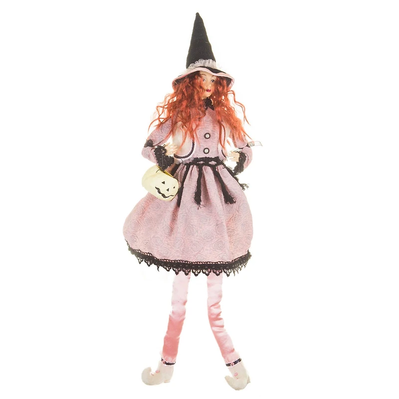 Sitting Baby Pink and Black Cloth Captivating Witch Figure White Pumpkin