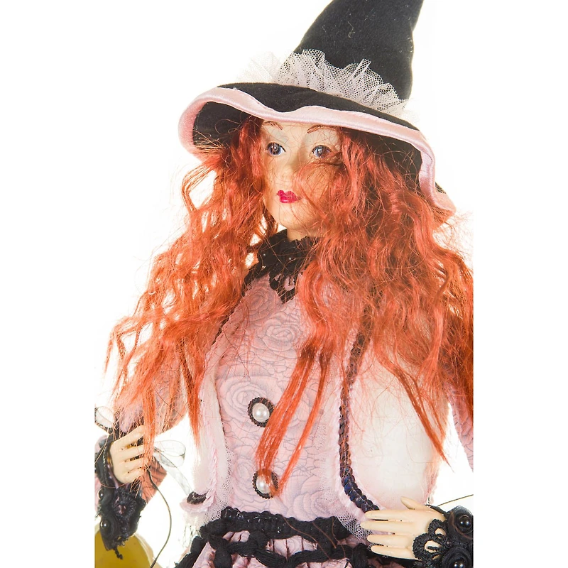 Sitting Baby Pink and Black Cloth Captivating Witch Figure White Pumpkin