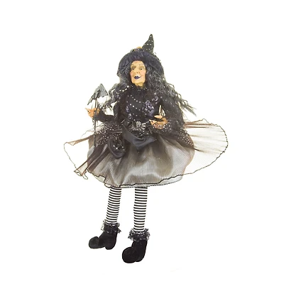 Sitting Black and greyish Silver Cloth Smiling Witch Figure Masquerade Mask