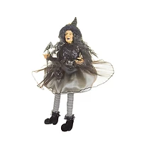 Sitting Black and greyish Silver Cloth Smiling Witch Figure Masquerade Mask