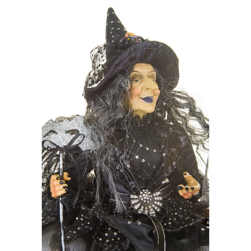 Sitting Black and greyish Silver Cloth Smiling Witch Figure Masquerade Mask