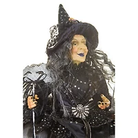 Sitting Black and greyish Silver Cloth Smiling Witch Figure Masquerade Mask