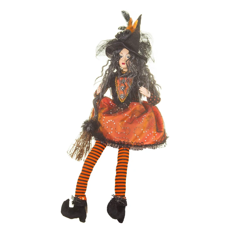 Sitting Orange and Black Cloth Compelling Witch Figure Broomstick