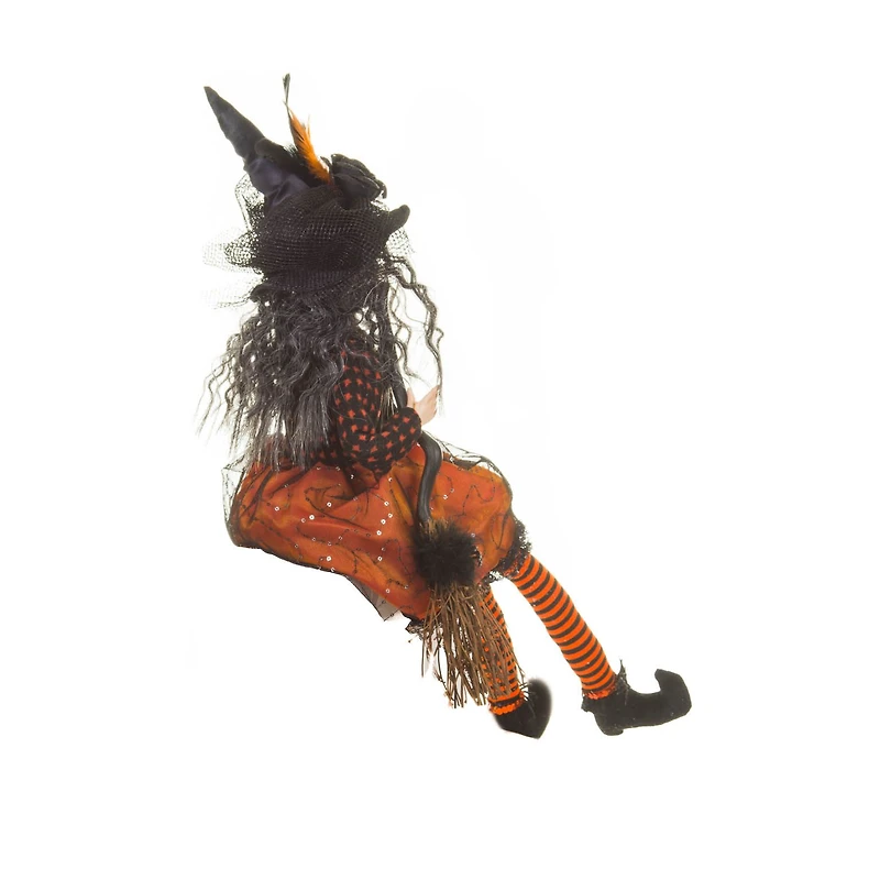 Sitting Orange and Black Cloth Compelling Witch Figure Broomstick