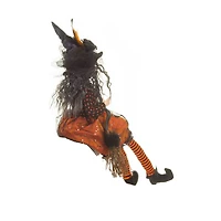 Sitting Orange and Black Cloth Compelling Witch Figure Broomstick