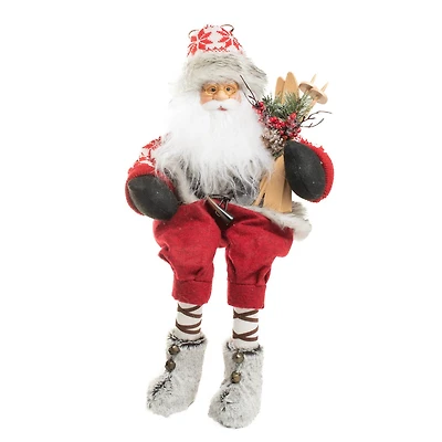 Sitting Snowflake Red and White Knitted Alpine Santa Figurine Skis