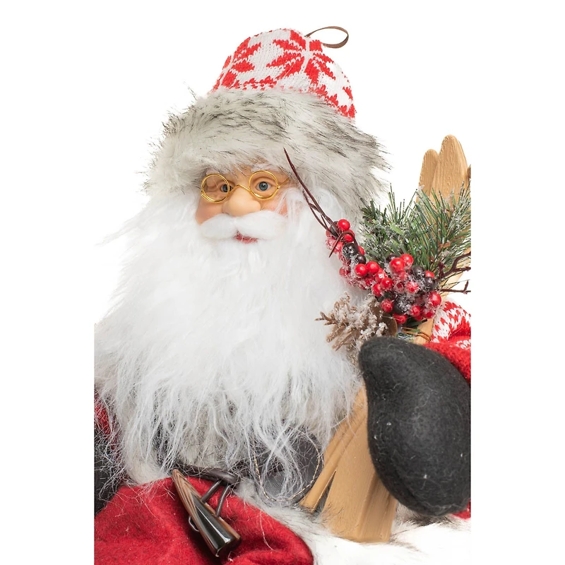 Sitting Snowflake Red and White Knitted Alpine Santa Figurine Skis
