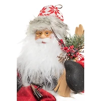 Sitting Snowflake Red and White Knitted Alpine Santa Figurine Skis
