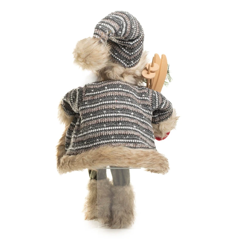 Sitting Striped White and grey Knitted Alpine Santa Figurine Skis