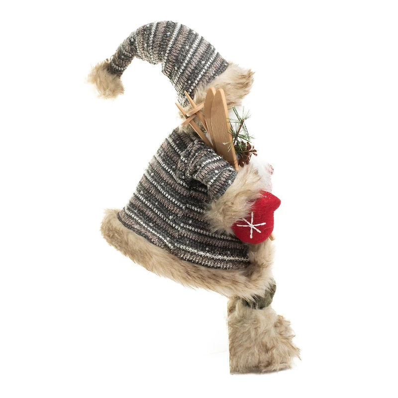 Sitting Striped White and grey Knitted Alpine Santa Figurine Skis