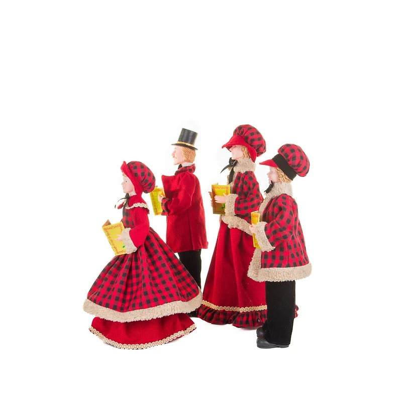 Set of 4 Plaid Red and Black Plastic Classic Caroler Set Golden Buttons