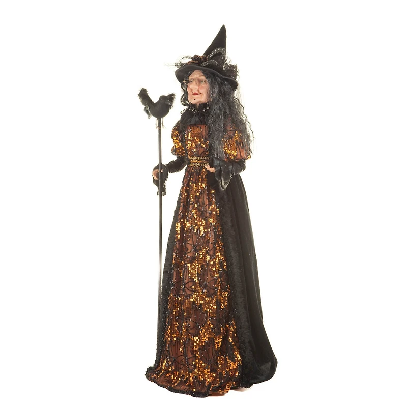 Sequin Black and Orange Polyester Regal Witch Figure Crow Staff