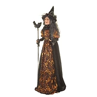 Sequin Black and Orange Polyester Regal Witch Figure Crow Staff