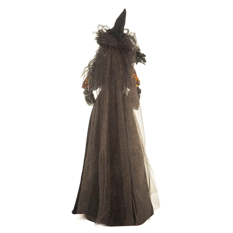Sequin Black and Orange Polyester Regal Witch Figure Crow Staff