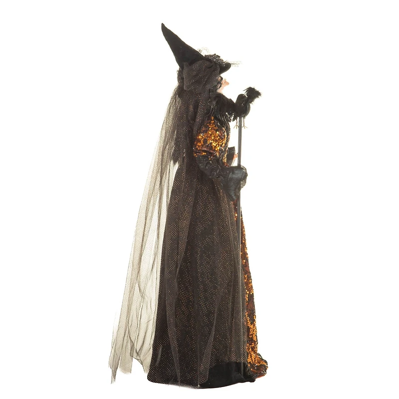 Sequin Black and Orange Polyester Regal Witch Figure Crow Staff