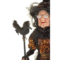 Sequin Black and Orange Polyester Regal Witch Figure Crow Staff