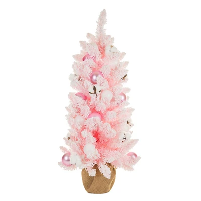 White and Pink Pvc Christmas Tree with Ornaments and Cotton Buds