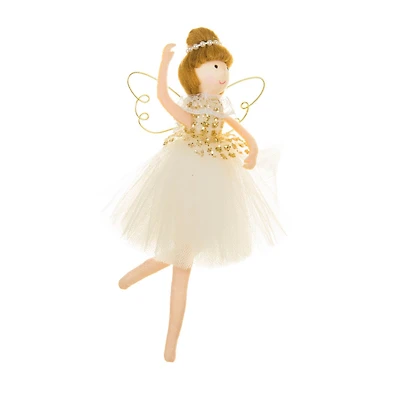Hangable White Cloth Ballerina Girl Ornament Gold Wings, Pack of 12