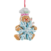 Brown and White Clay Gingerbread Ornament Blue Snowflake, Pack of 10