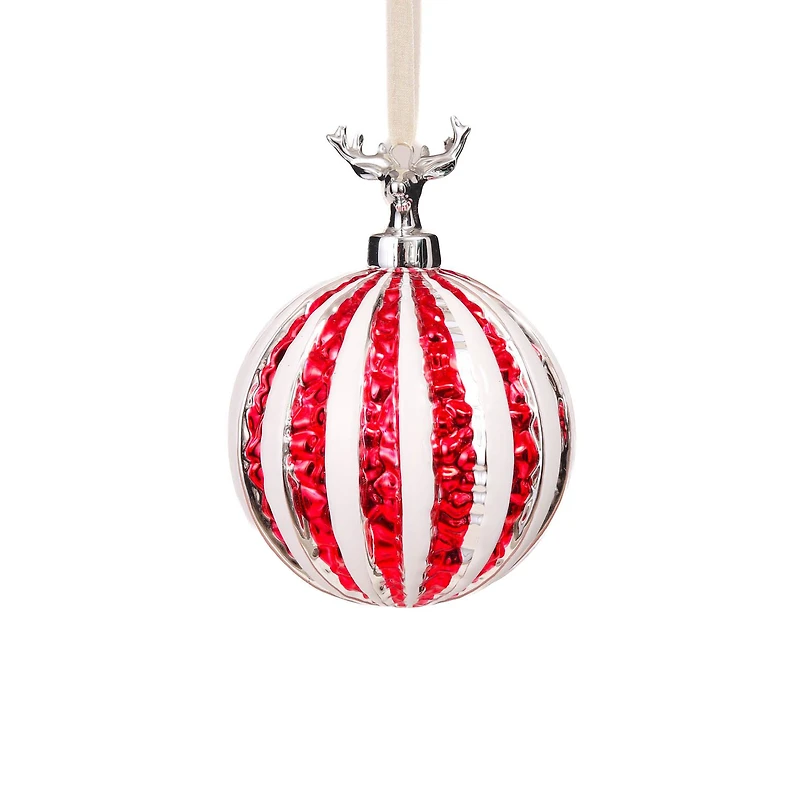 Candycane Red and White Glass Ball Ornament Deer Head Mount, Pack of 3