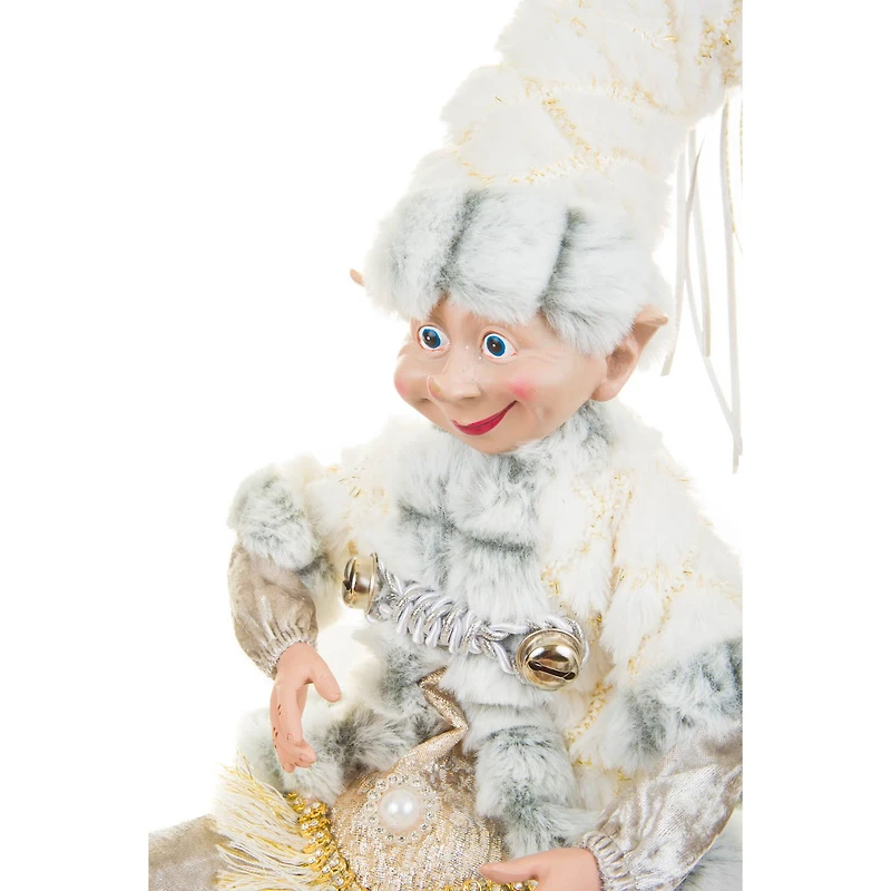 Silver Cotton Furry Elf Figurine In Fur Outfit