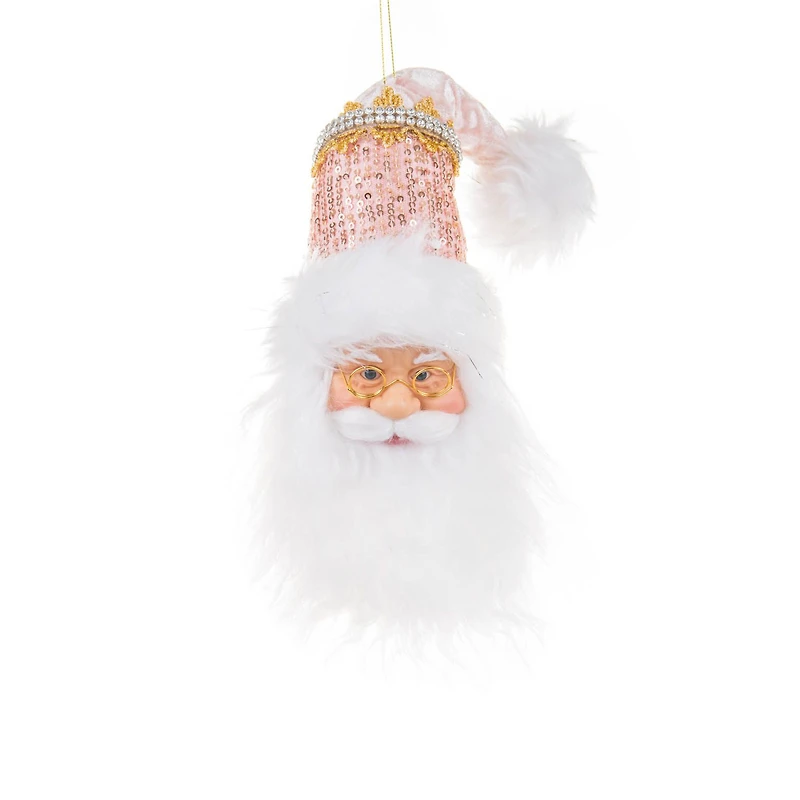 Hangable Sequin White and Baby Pink Cloth Santa Head Ornament, Pack of 4