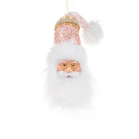 Hangable Sequin White and Baby Pink Cloth Santa Head Ornament, Pack of 4
