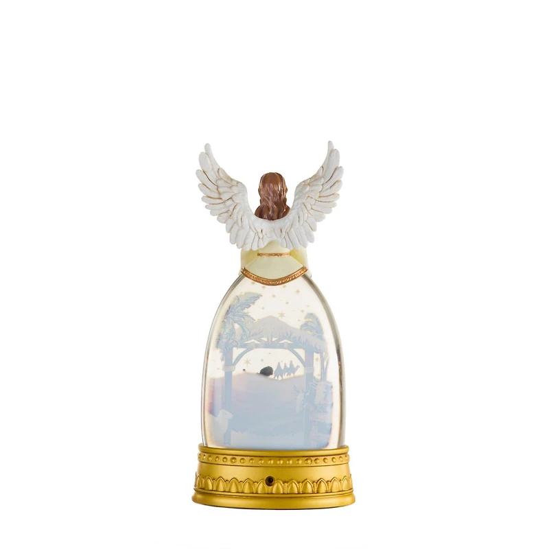 Gold and White Plastic Angel Warm White LED Snow Globe Nativity