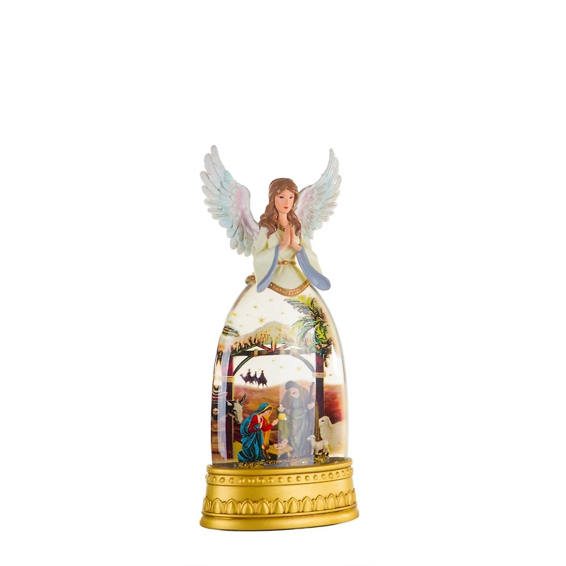 Gold and White Plastic Angel Warm White LED Snow Globe Nativity