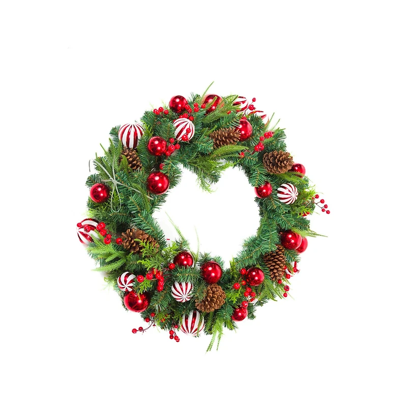 Hanging Green and Red Pvc Wreath with Berries and Ornaments
