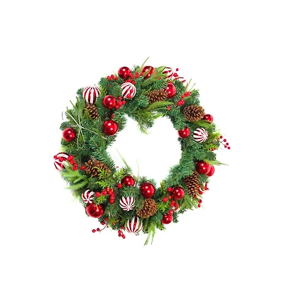 Hanging Green and Red Pvc Wreath with Berries and Ornaments