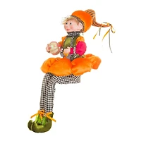 Sitting Velveteen Orange and Green Cotton Impish Elf Doll Pumpkin Suit