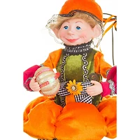 Poupées lutins assises suspendues en velours orange et vert avec costume citrouille