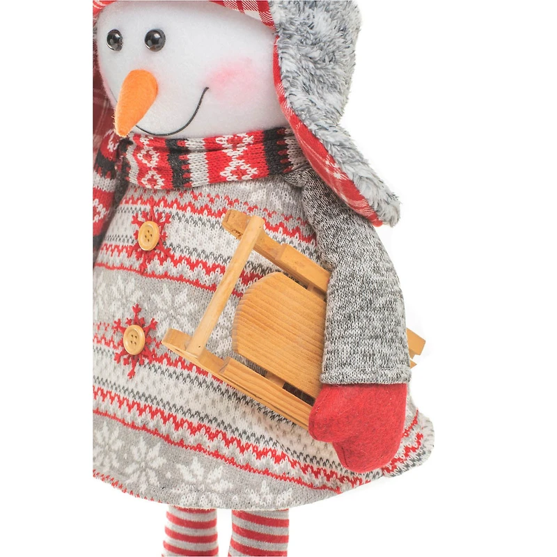 Red and grey Knitted Hill-Bound Snowman with Toboggan
