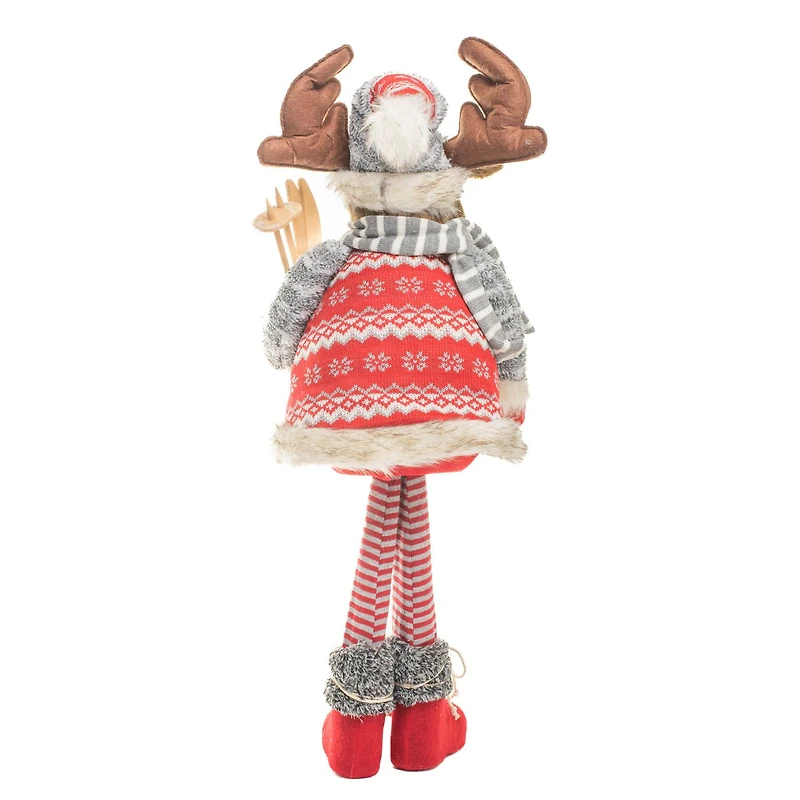 Red and grey Knitted Moose Figurine with Skis