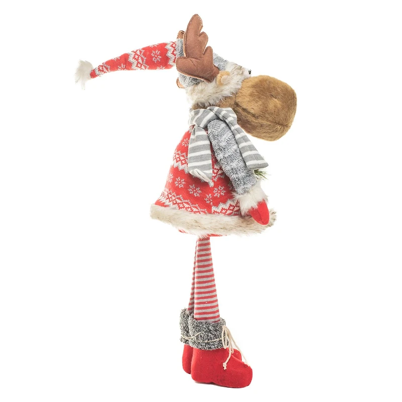 Red and grey Knitted Moose Figurine with Skis