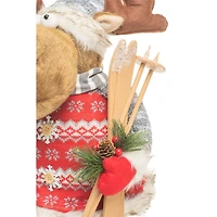 Red and grey Knitted Moose Figurine with Skis