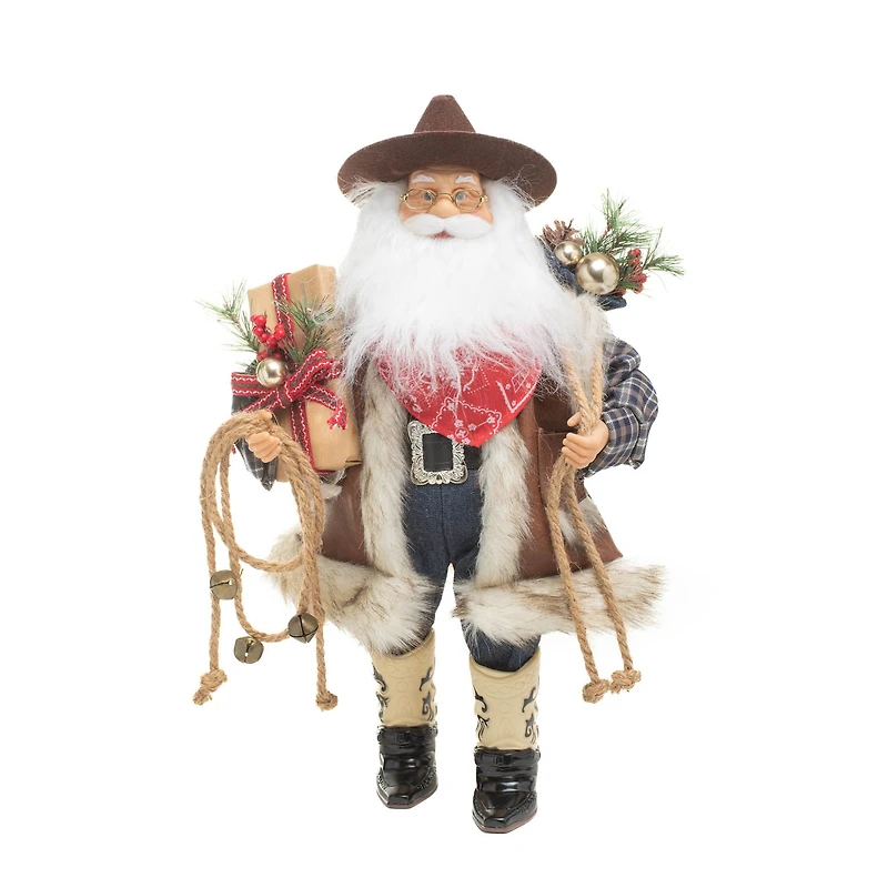 Plaid Brown and Blue Leather Wild West Santa Figurine