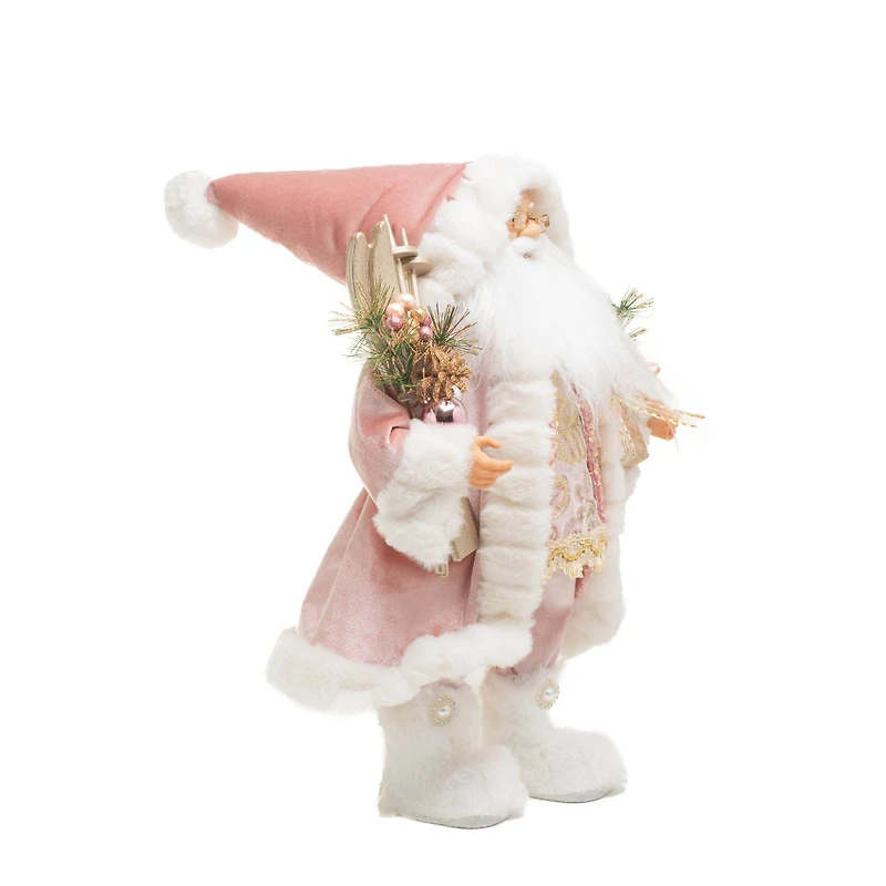 Pink and White Velour Santa Figurine with Gifts