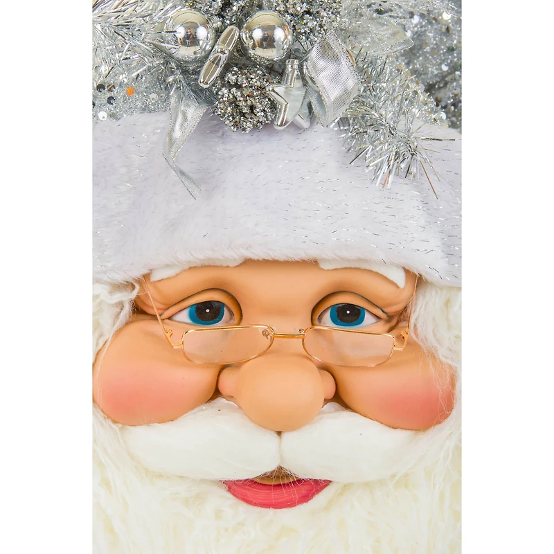 Décoration suspendue tête de Père Noël en coton argenté et blanc