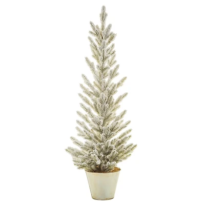 Sapin vert et blanc floqué en PVC avec pot argenté et branches givrées