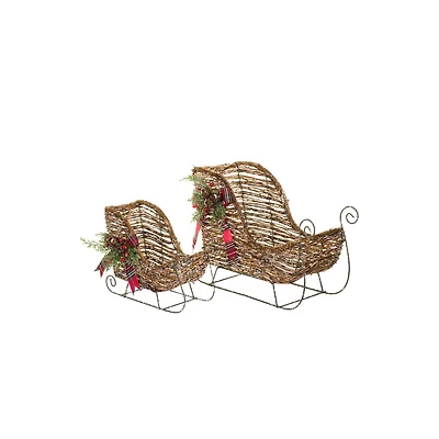 Pair of Sparkly Brown Wooden Sleighs Accent