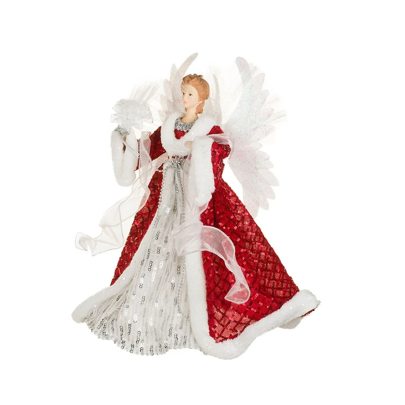 Sequin Red and Silver Fabric Fiber Optic Angel Tree Topper Bouquet