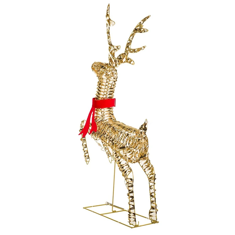 Gold Metal Ribbon Prancing Reindeer Warm White LED Display