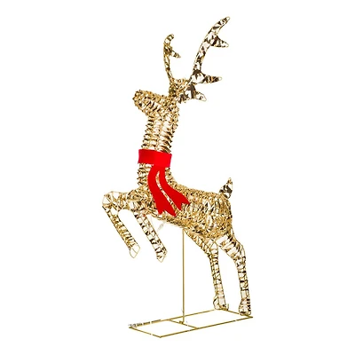 Gold Metal Ribbon Prancing Reindeer Warm White LED Display